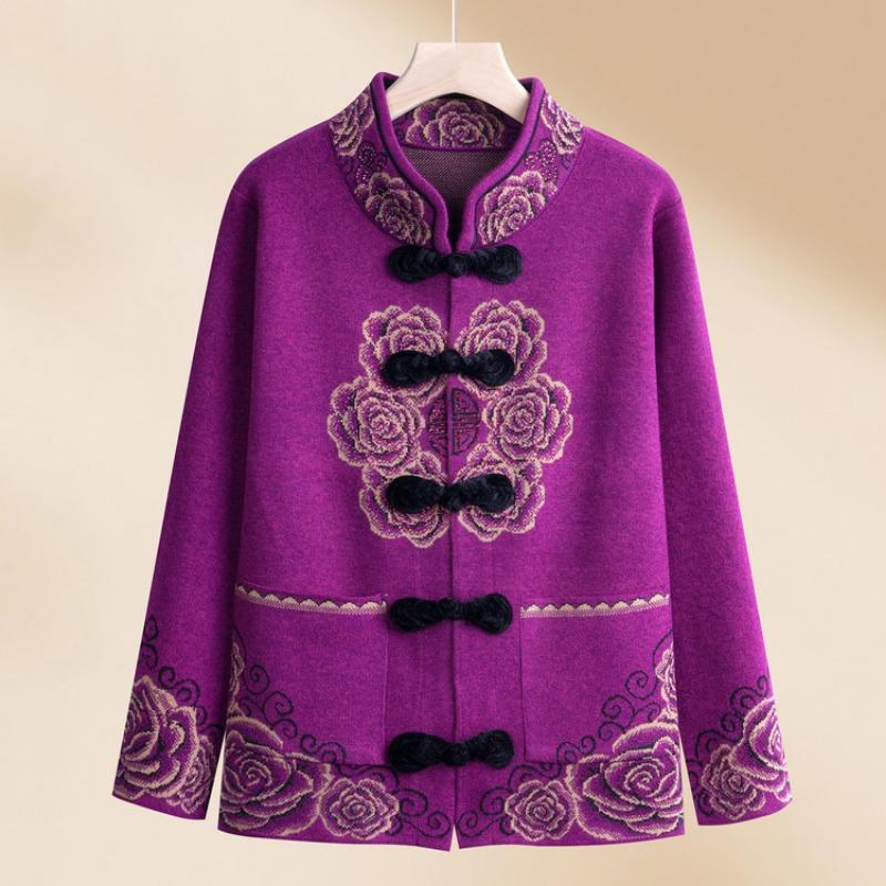 Middle Aged Woman Grandma Spring Coat Old Lady Autumn and Winter Natal Year Mother Dress Red Sweater Piled and Thickened
