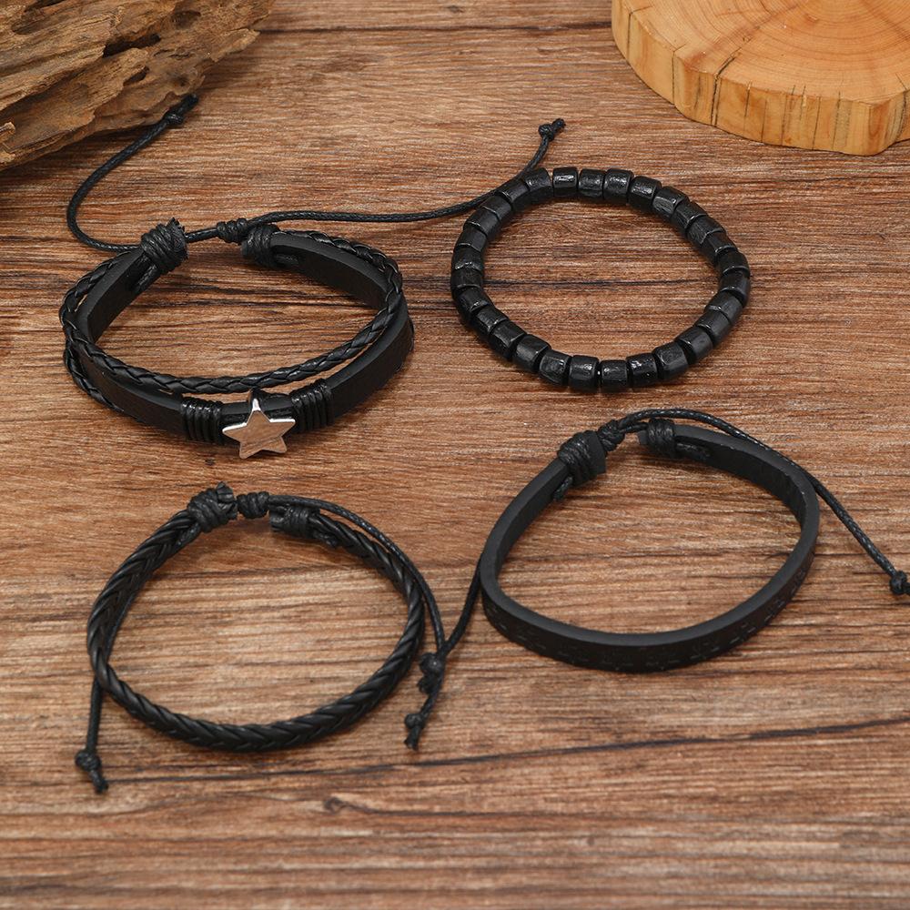 European and American New Dark Wind Alloy Pentagonal Leather Bracelet Four-Piece Set Men's Leather Bracelet Factory Direct Sale