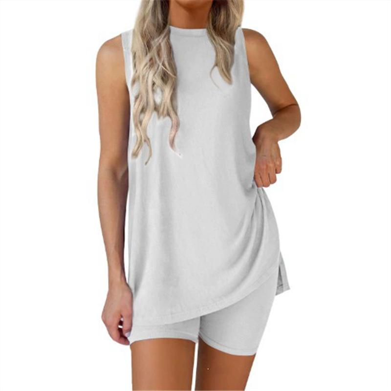 Damen Mode Sets Ärmellos Rundhals Hoher Schlitz Pullover Tanktop + Elastische Taille Skinny Shorts Sommer Outfits