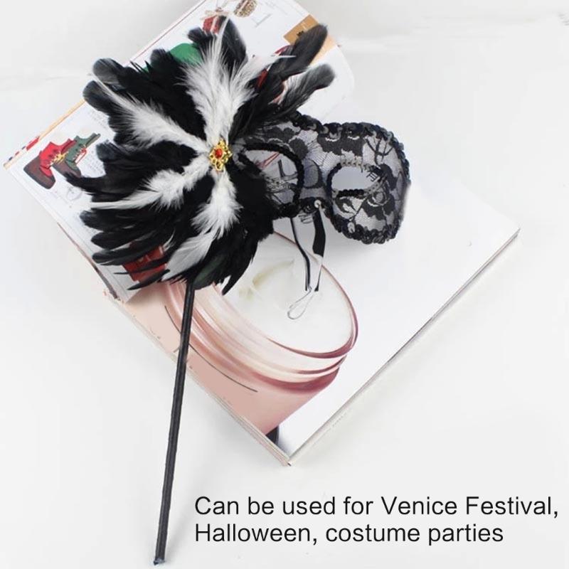 Feather Masquerade Mask with Stick for Women, Lace Eyemask Masquerade Half Face Mask Masquerade Costume Accessories