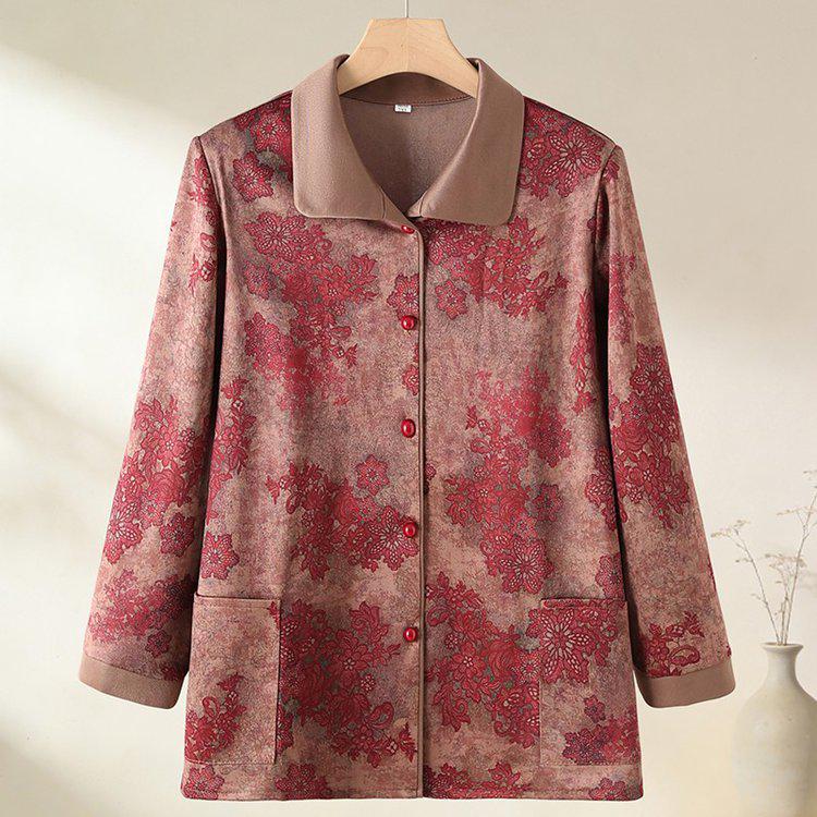 Floral Lapel Button-Up Loose Top for Middle-Aged and Elderly Women