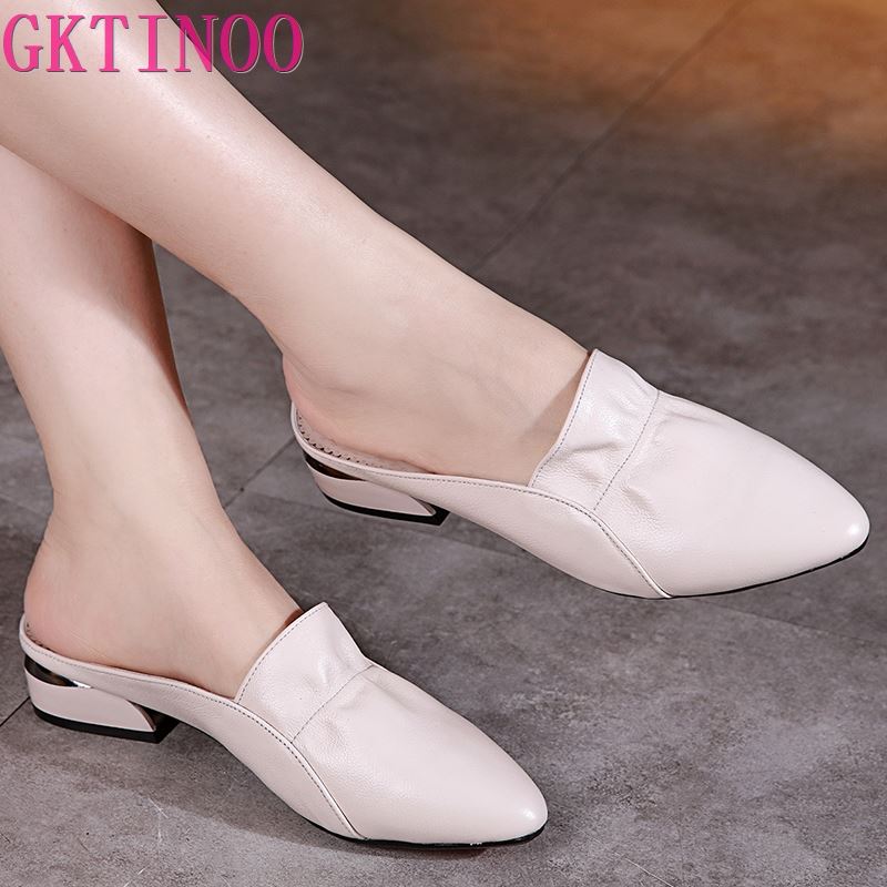 Fashion GKTINOO 2025 Summer Flats Lady Sandals Slippers Genuine Leather Slip On Pointed Women Mules Outdoor Slipper Shoes Woman Slides