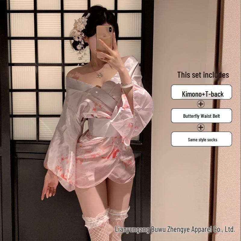 Sexy Deep V Open-Front Japanese Kimono Pajama Set for Women