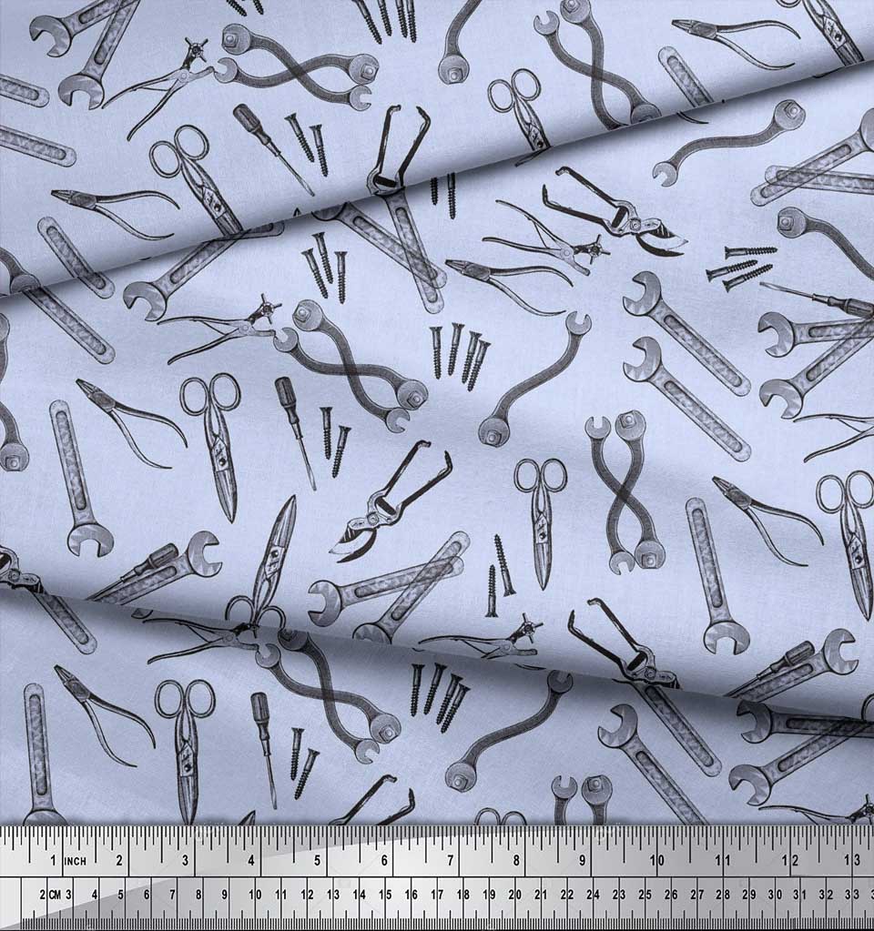 Soimoi Blue Japan Crepe Satin Fabric Tools Hardware Printed Fabric 1 metre 42 Inch