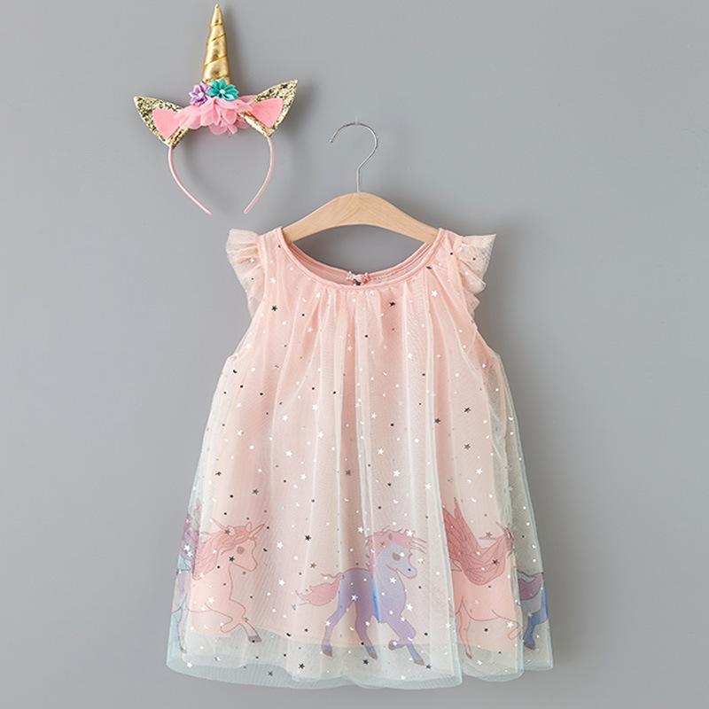 Girls Gradient Tulle Princess Dress With Cartoon Pony Print And Unicorn Headband Gift Set 100cm