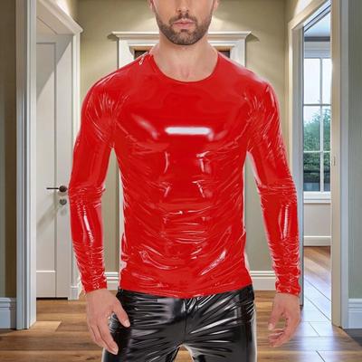 Men's Liquid Shiny Faux Leather Top Metallic Wet Look Long Sleeve Tee Zipper Shoulder