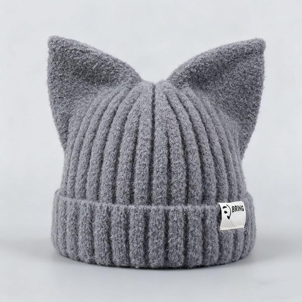 Women's Korean Fashion Cat Ear Wool Hat – Large Head Circumference, Knitted for Warmth, Shows Smaller Face, Perfect for Autumn & Winter