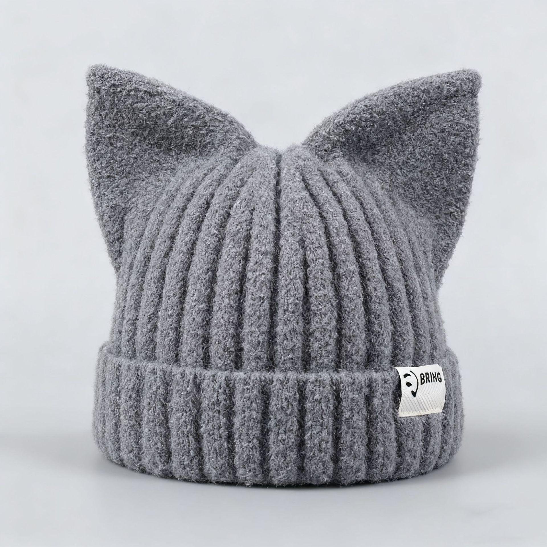 

Women s Korean Fashion Cat Ear Wool Hat – Large Head Circumference, Knitted for Warmth, Shows Smaller Face, Perfect for Autumn & Winter One Size