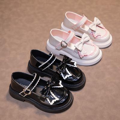 Sapatos de couro para meninas, sola confortável, fofos, com laço, respiráveis