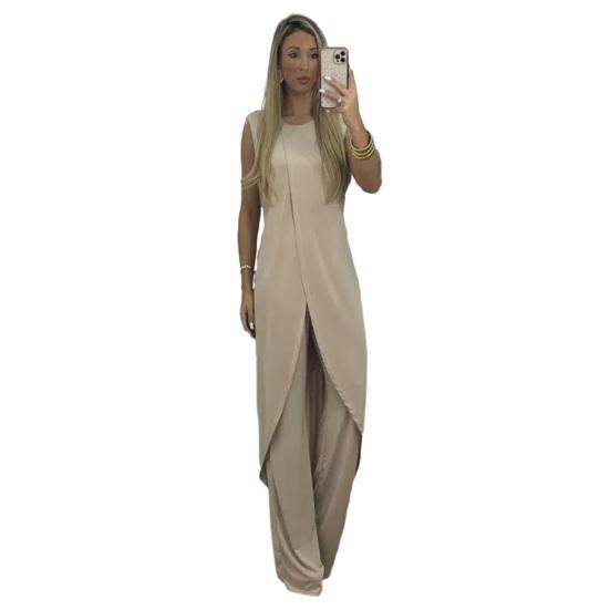 2 Pcs/Set Women Top Pants Set Irregular Hem Wide Leg Solid Color