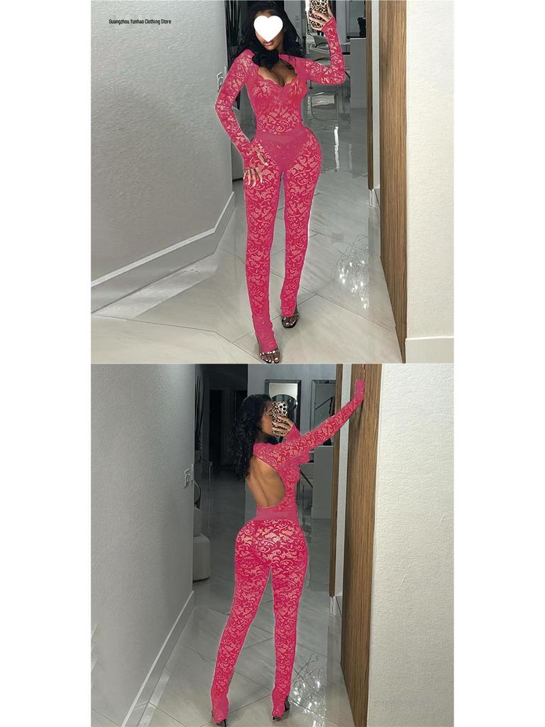 European & American Style 2026 Autumn Street Hot Girl Lace See-through Tight-fitting Pants Set