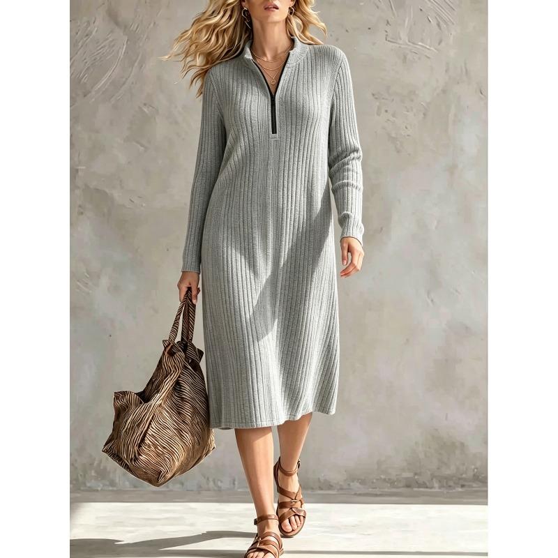 DICFY Women's Fashion Autumn Winter Solid Color Print Long Sleeve V-Neck Casual Dresses