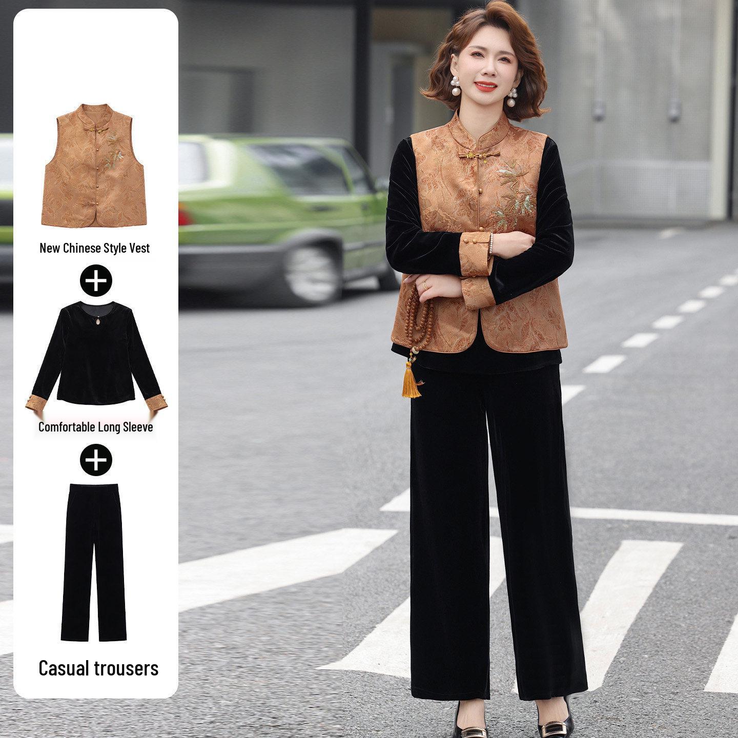 Elegant Gold Velvet Embroidered Vest Set for Women - Perfect for Spring/Autumn 3XL (120-135 jin)