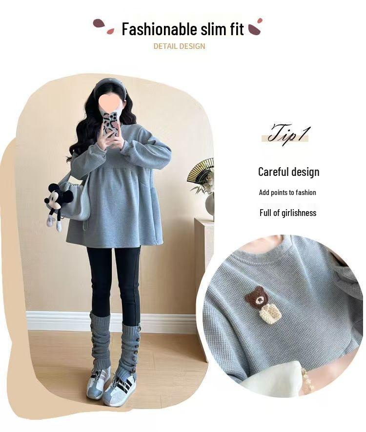 2025 Koreanischer Stil Lockerer Rundhals Fleece Umstandspullover für Herbst/Winter