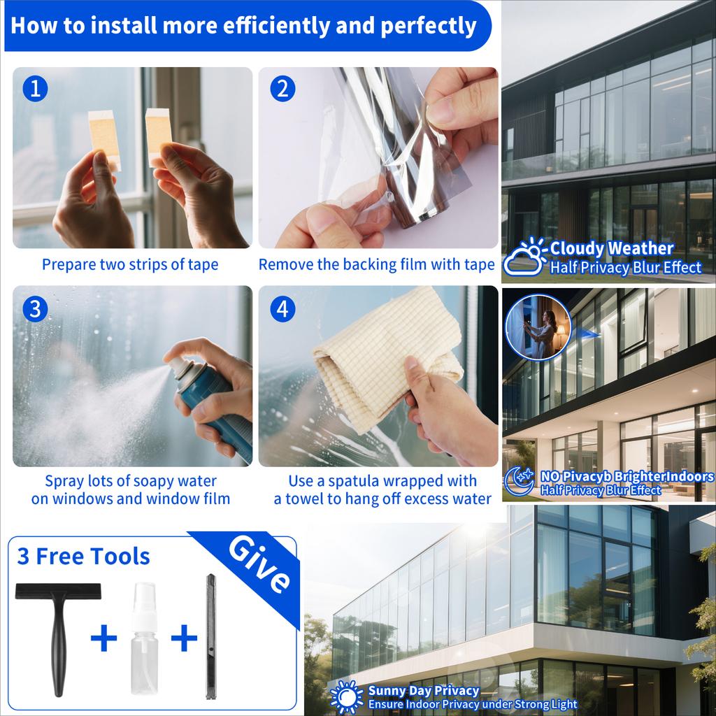 2M One Way Glass Window Home Privacy Film Reflective Self-adhesive Sticker with Install Tool Anti UV Sun Blocker Heat Control