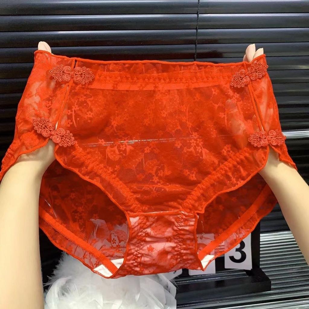 High Waisted Personalized Plus Size Lace Buckle Underwear for Women Chinese Retro Qipao Sexy Triangle Pants Mesh