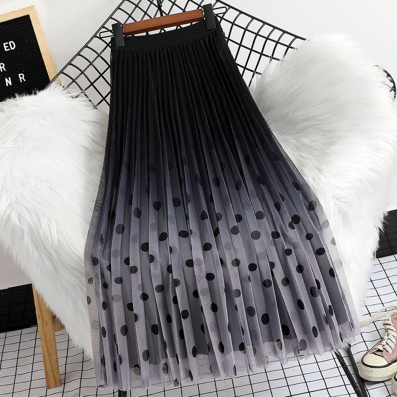 Jarní Sukně ze Síťoviny s Gradientním Barevným Přechodem Ležérní Skládaná Sukně s Puntíky