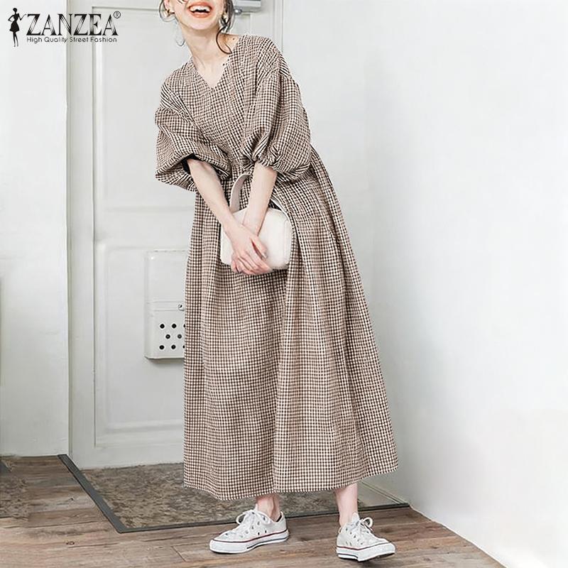 ZANZEA Women Casual V-Neck Summer Short Sleeve Plaid Print Dress