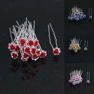 Forcina per capelli con clip per capelli con fiore rosa, strass placcato argento Fashoin da 10 pezzi