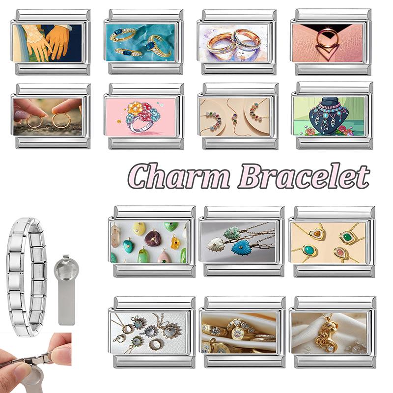 Sweet Ring Necklace Heart Flowers Pattern Charm Beads Fit 9MM Stainless Steel Bracelet Couple DIY Making Wedding Jewelry Gift