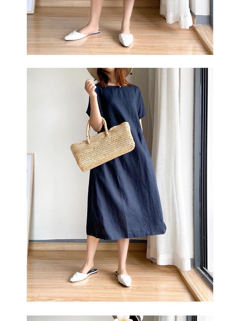Cross-border Summer A-line Midi Dress: Short Sleeve, Solid Color, Literary Style, Women's Loose Fit