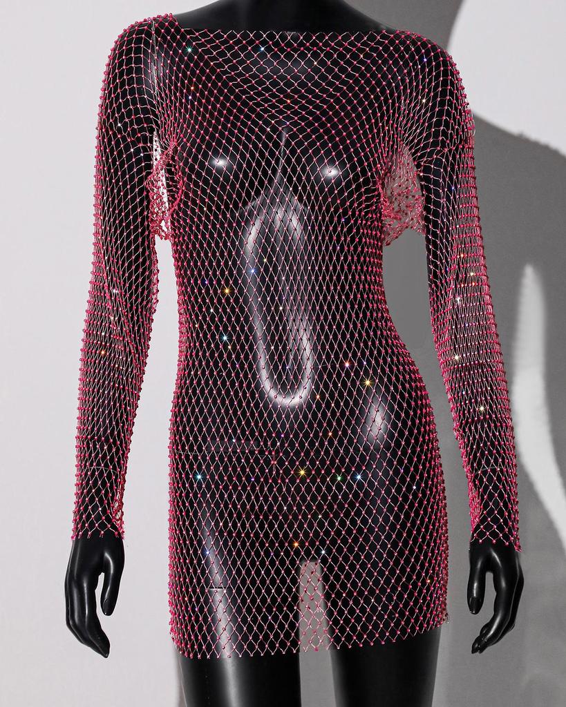 Damen Strass Fischnetz Rückenfreies Langarm Sexy Überwurfkleid