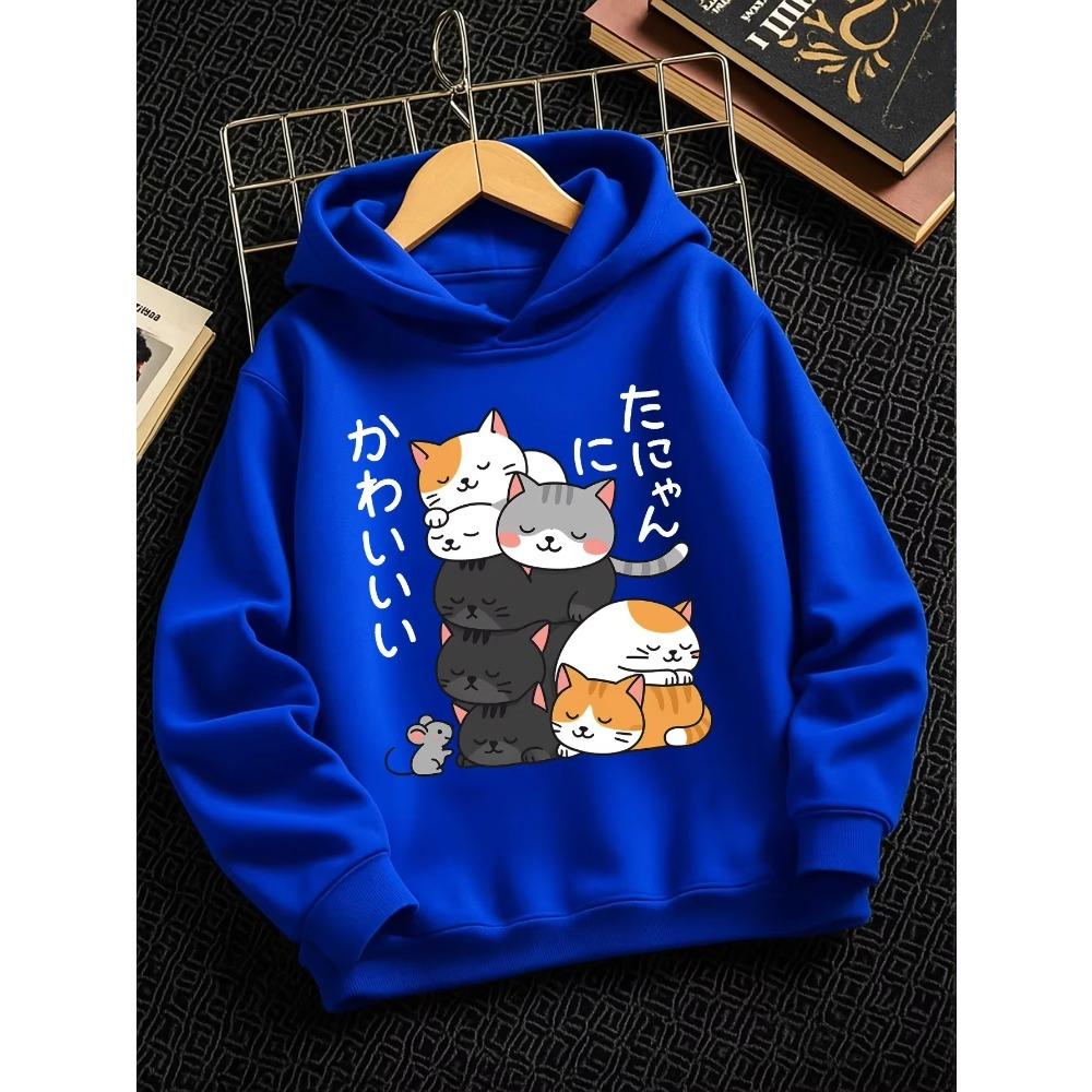 Girls Boys Kids Hoodie Japanese Cat Printed Sweatshirt Kawaii Cartoon Pullover Hooded Top Casual Streetwear Autumn Winter