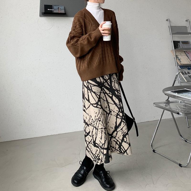 

Винтажная вязаная юбка-полусолнце с принтом на осень/зиму для женщин, с высокой талией и длинная, средней длины 3XL абрикосовый