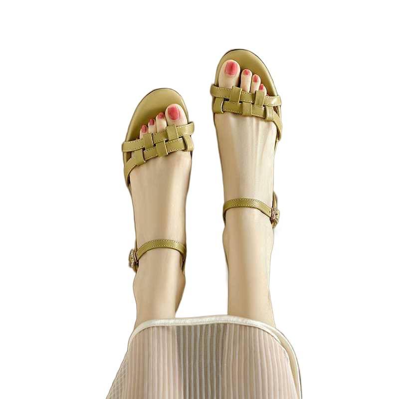 Handmade Real Soft Leather Low Heel with Sandals Female 2025 Summer New Fairy Style Shoes Woven Thick Heel Sandals