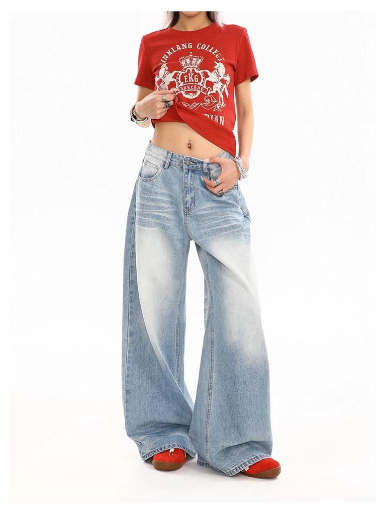 Jeans de Verano para Mujer Azul Medio Lavado Retro Desgastado Pierna Recta Pierna Ancha