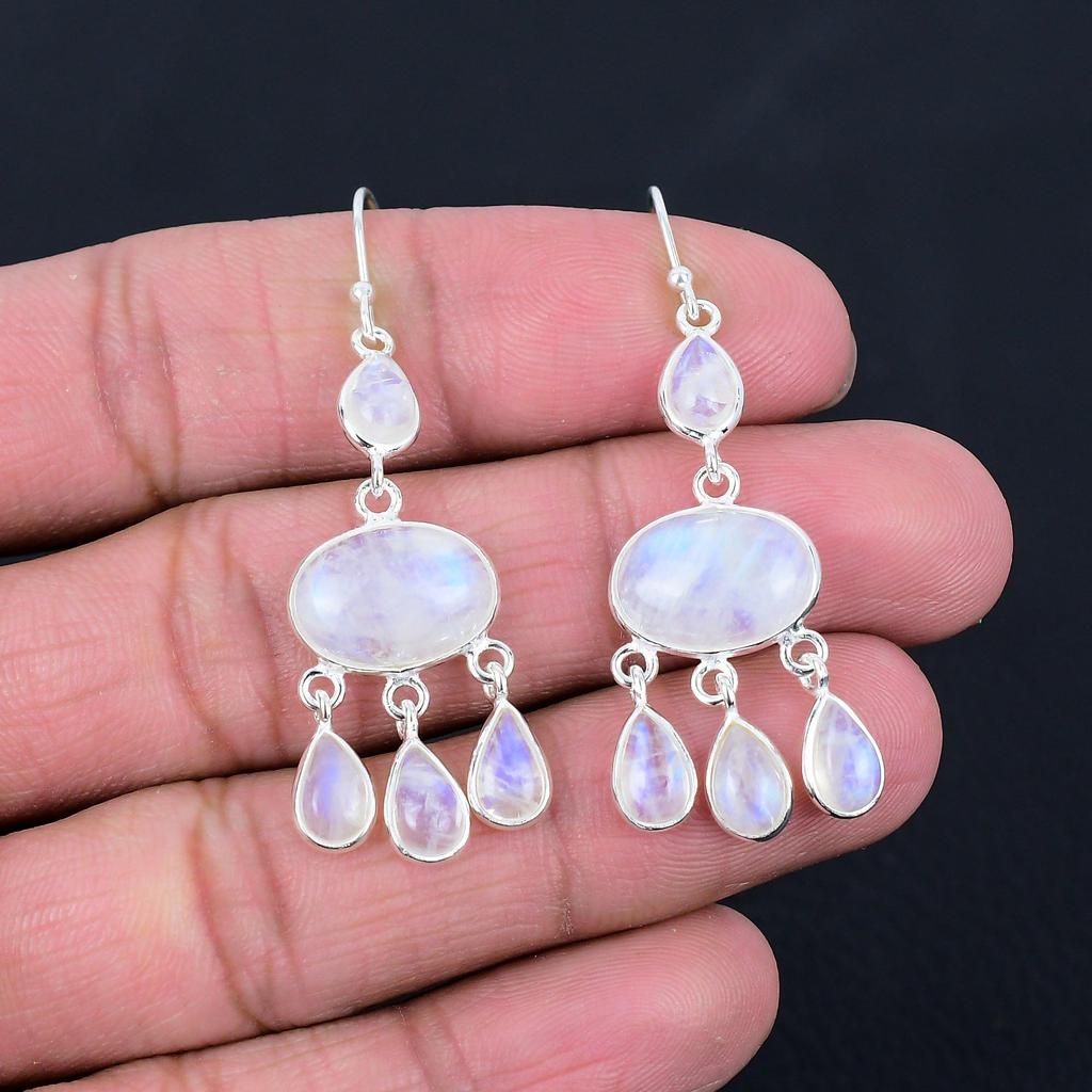 Rainbow Moonstone Gemstone Earrings Solid 925 Sterling Silver Handmade Earrings Jewelry Gift For Women And Girls E-2292