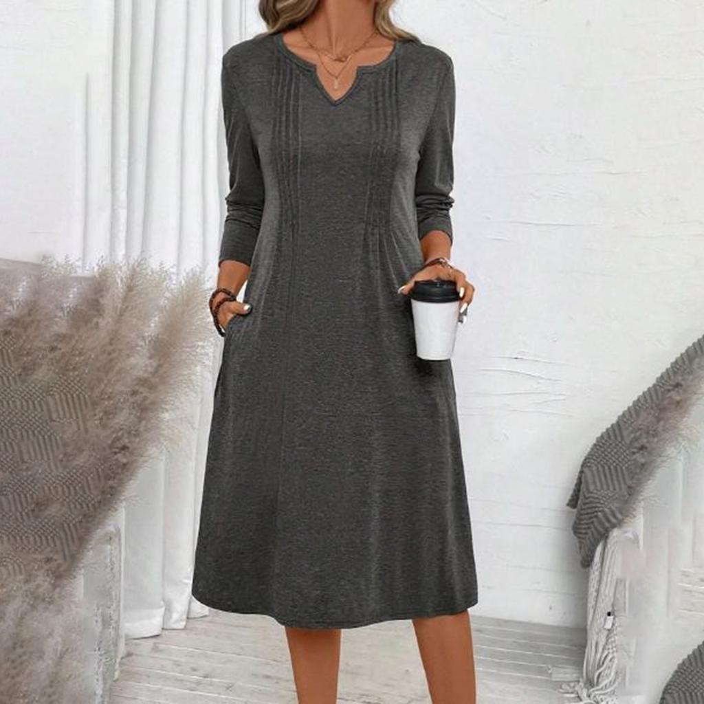 Dames -kleur V-hals Lange Mouwen Losse Geplooide Jurk