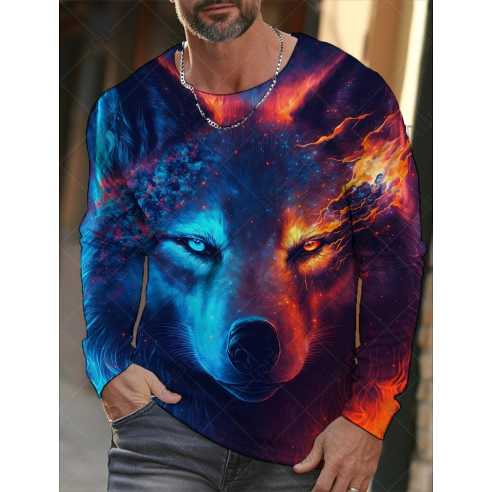 Vintage Men's Long Sleeve T-Shirt 3d Print Shirts Fashion Animal Wolf Graphics Clothing Sleeve Tops Men Oversized Streetwear Top