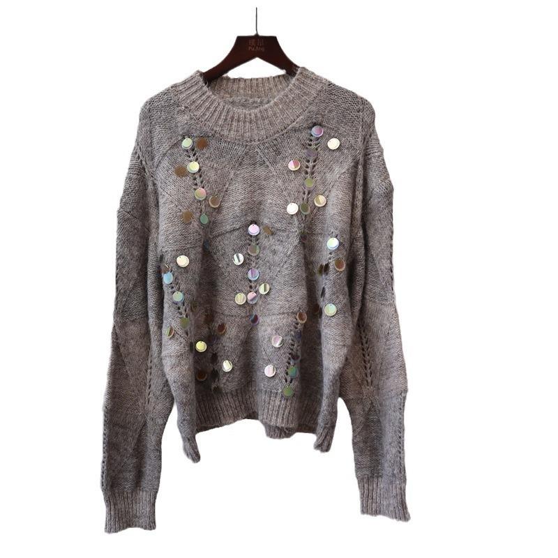 Autumn and Winter New Round Neck Sequined Hollow Sweater Pullover Loose Soft Waxy Gentle Knitted Sweater Top Women
