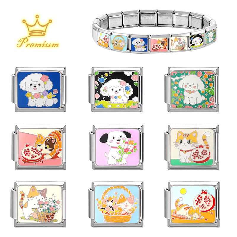 Fashion Colorful Y2K Animal Series Cat Dog Italian Charm Beads Fit 9MM Stainless Steel Bracelets Gifts Women Jewelry DIY Making