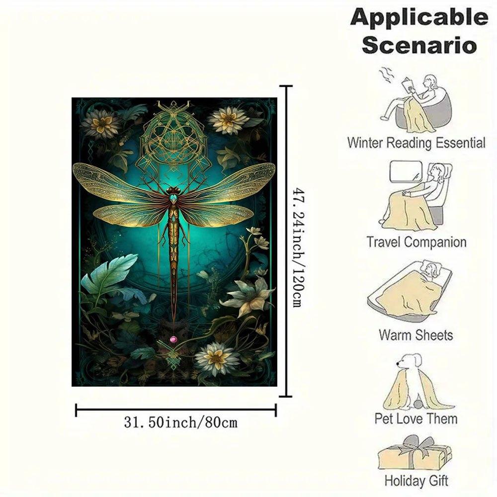 "Golden Dragonfly Fantasy Art Print - Nature's Beauty on Canvas"Blanket Flannel Throw Blanket for Sofa, Bed, Travel, Camping, Office, Couch,