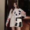 Camiseta Feminina de Verão Bordado de Animal Decoração de Panda Solta Comprimento Médio Gola Redonda Uso Diário Manga Curta Cor Contrastante Top de Verão Feminino Vestuário