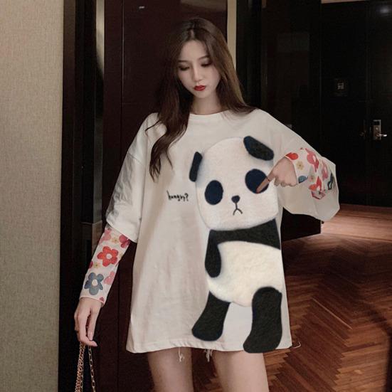 Camiseta Feminina de Verão Bordado de Animal Decoração de Panda Solta Comprimento Médio Gola Redonda Uso Diário Manga Curta Cor Contrastante Top de Verão Feminino Vestuário