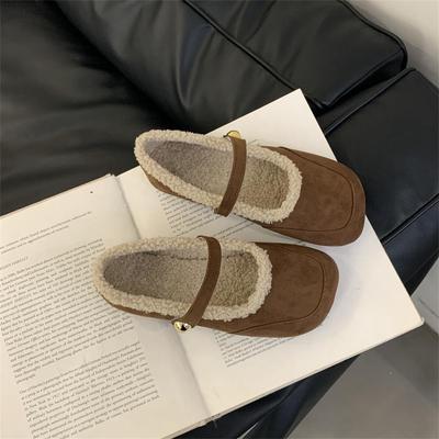 Retro Mori Square Head Low-heeled Plush Shoes Women's Autumn and Winter One-word Suede Mary Jane Cotton Shoes