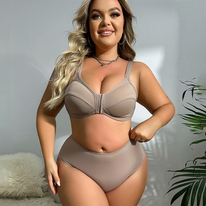 European and American Plus Size Women's Bra Set Front Buckle No Steel Ring Seamless Underwear Full Cup Comfortable Panties
