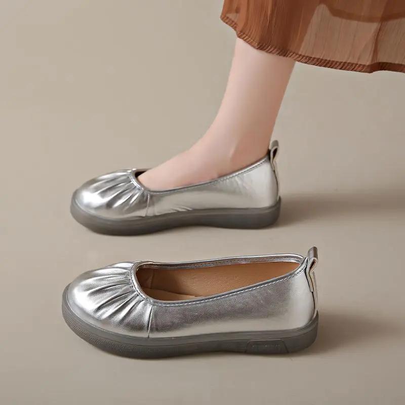 Fashion Women's Flat Shoes With Heel Wrinkles Slip-on Round Toe Beige Ladies Footwear Vacation 2025 Trend Stylish Quick Delivery Shoe 39