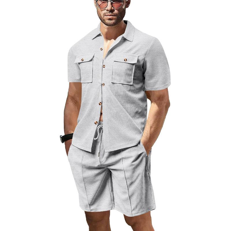 Summer Casual Men Waffle Solid Color Double Pocket Cardigan Short-sleeved Daily Shirt Shorts Set