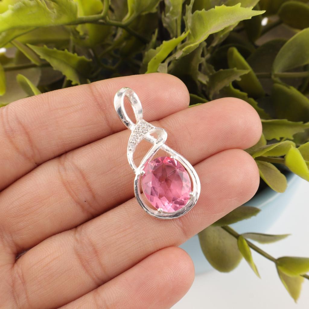 Women Gift Pink Tourmaline Gemstone 925 Sterling Silver Jewelry Zircon Pendant CZP-13-5