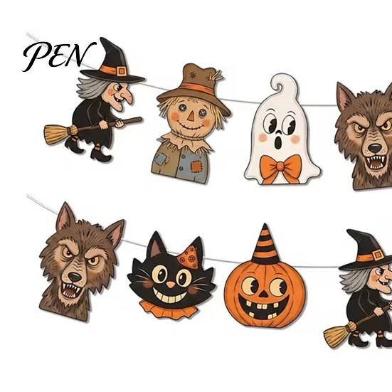 Holiday Fireplace Ornaments 12Pcs Vintage Halloween Decor Wood Banner, Retro Hanging Banner Garland, Bunting Easy Assemble Decorations, Spooky Pumpkin