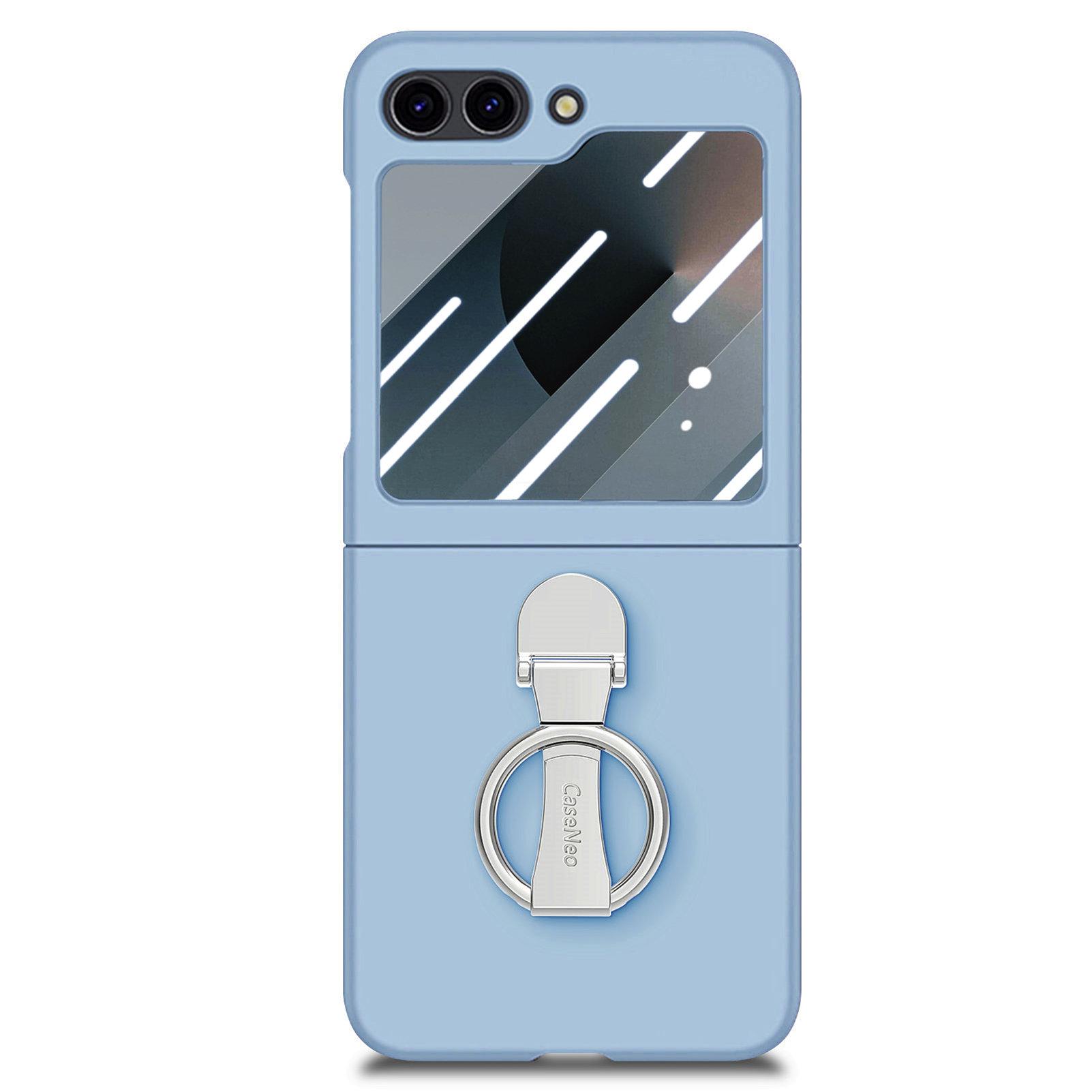 

For Samsung Galaxy Z Flip6 5G Case Ring Kickstand PC Phone Cover with Tempered Glass Rear Screen Film Baby Blue