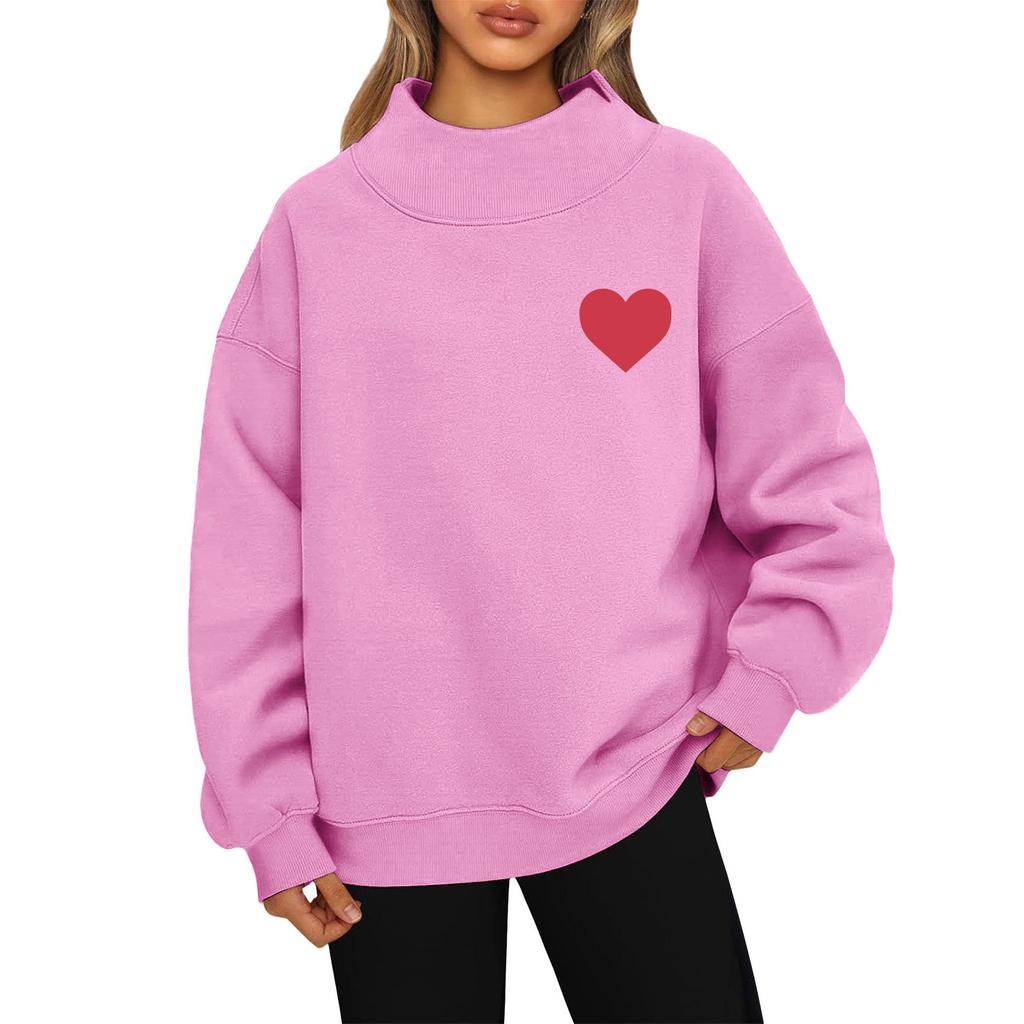 Women's Valentine's Day Print Fashion Loose High-Collar Long Sleeve Color Sweatshirt Pullover