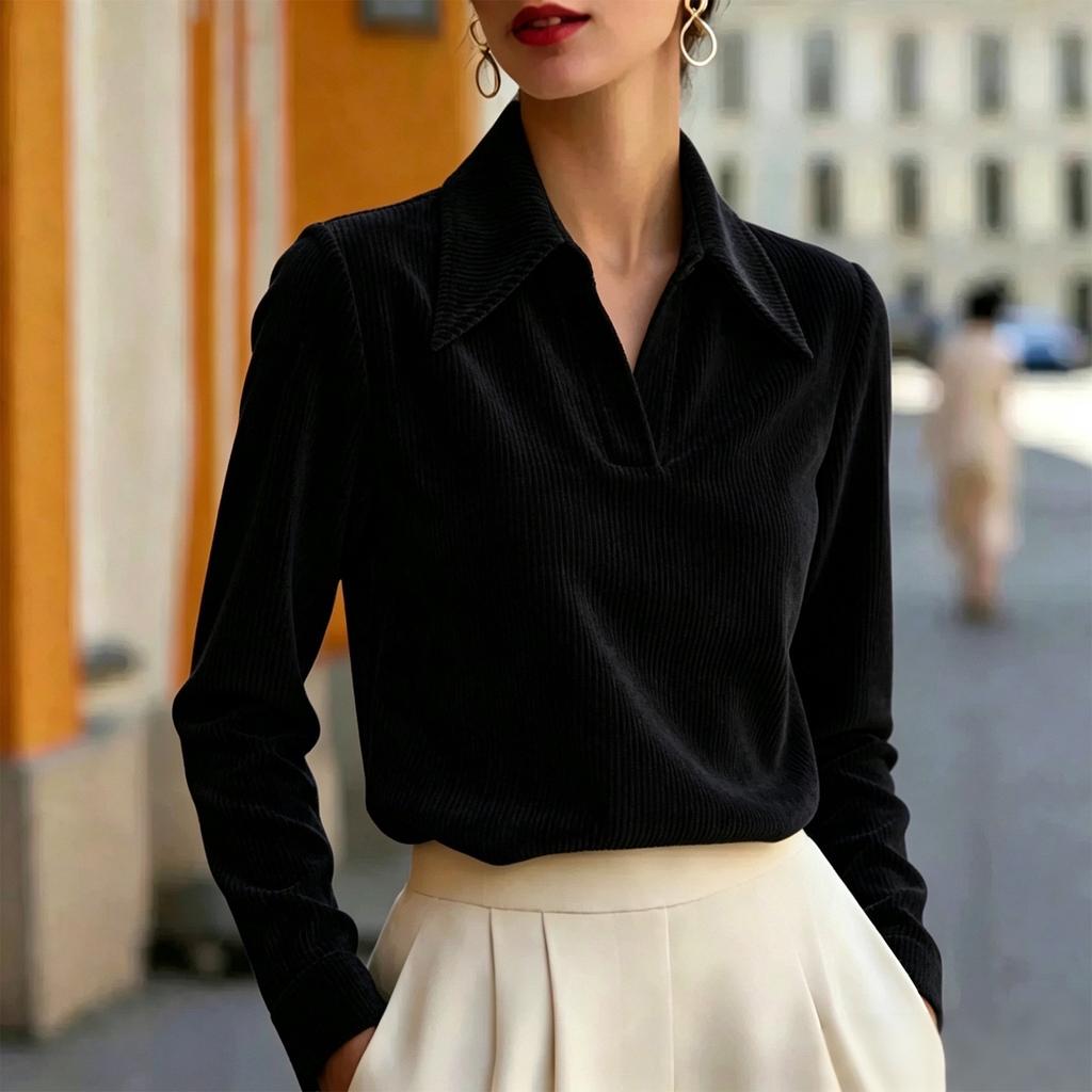 Women's Corduroy Lapel Collar Blouse Casual Top for Work and Commute