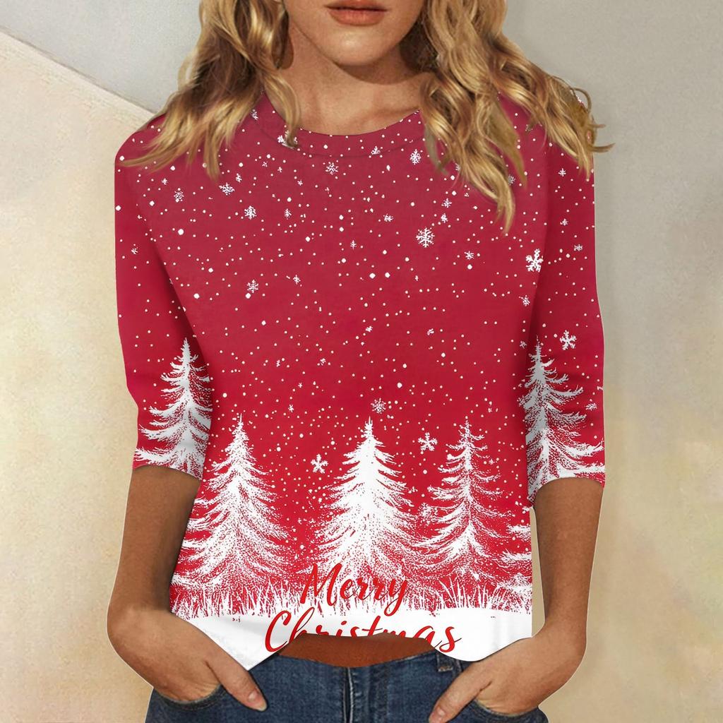 Women's Fashionable Casual Three Quarter Sleeve Christmas Printed Collar Pullover Top