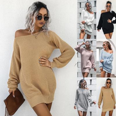 Women's Autumn and Winter Dress Casual Off-the-shoulder Lantern Sleeve Knitted Sweater Skirt