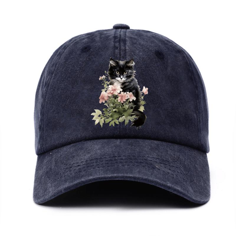 Kitten with Pink Flowers Print Baseball Cap Casual Adjustable Cotton Outdoor Hat Unisex Cap